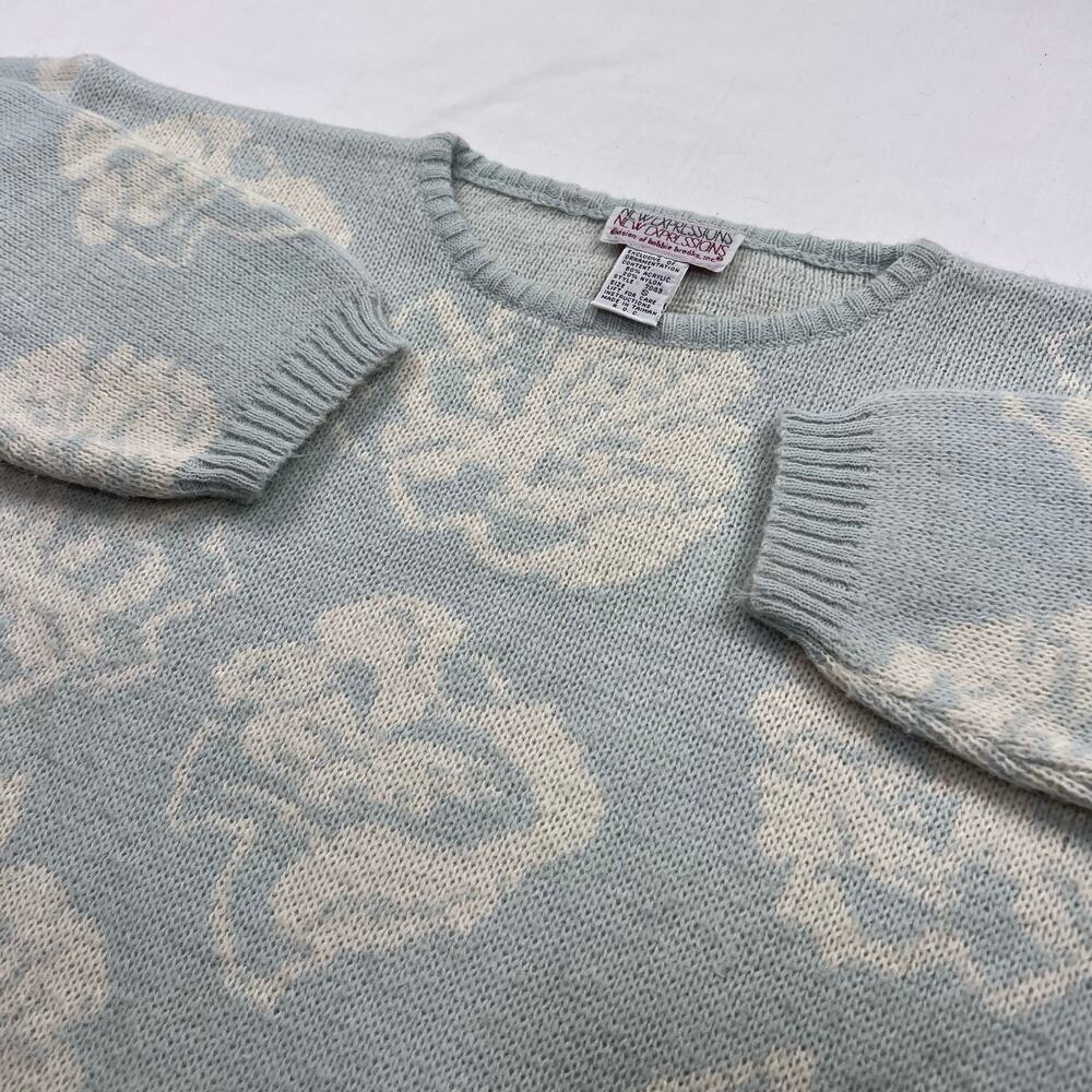 New Expressions Vintage Blue Floral Acrylic Knit Sweater women's size Small - Picture 3 of 4